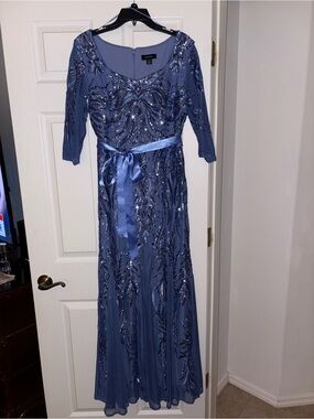 R&M Richards Blue Sequined Long Sleeve Evening Gown